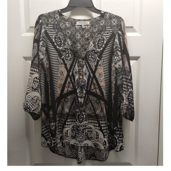 Figueroa & Flower Size M Anthropologie Mixed Print Black Tan 3/4 Sleeve Popover - Picture 1 of 6